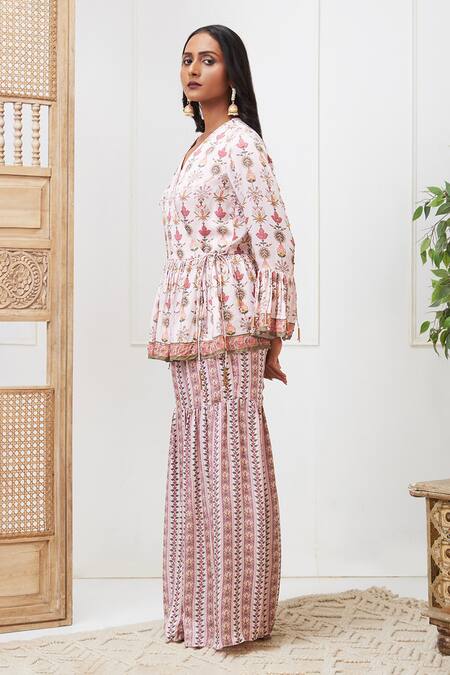 Soup By Sougat Paul Pink Satin Embroidery V-neck Tabriz Printed Peplum And Sharara Set Online at Aza Fashions Soup By Sougat Paul_Pink Satin Embroidery V-neck Tabriz Printed Peplum And Sharara Set _Online_at_Aza_Fashions