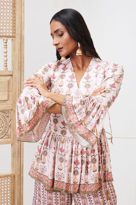 Shop Soup By Sougat Paul Pink Satin Embroidery V-neck Tabriz Printed Peplum And Sharara Set Online at Aza Fashions Shop_Soup By Sougat Paul_Pink Satin Embroidery V-neck Tabriz Printed Peplum And Sharara Set _Online_at_Aza_Fashions