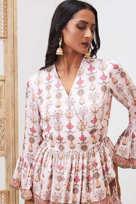 Soup By Sougat Paul Pink Satin Embroidery V-neck Tabriz Printed Peplum And Sharara Set at Aza Fashions Soup By Sougat Paul_Pink Satin Embroidery V-neck Tabriz Printed Peplum And Sharara Set _at_Aza_Fashions