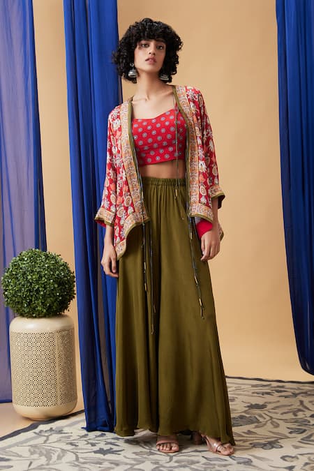 Soup By Sougat Paul_Red Crepe Embroidery V-, Open Tabriz Abstract Print Jacket Palazzo Set _Online_at_Aza_Fashions