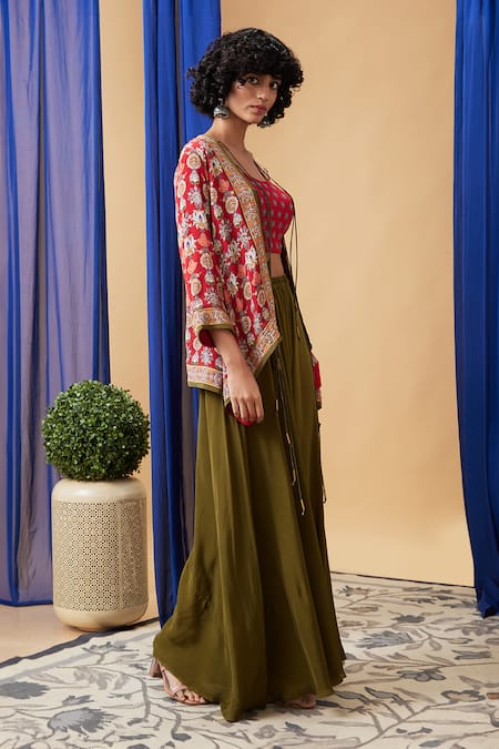 Buy_Soup By Sougat Paul_Red Crepe Embroidery V-, Open Tabriz Abstract Print Jacket Palazzo Set _Online_at_Aza_Fashions