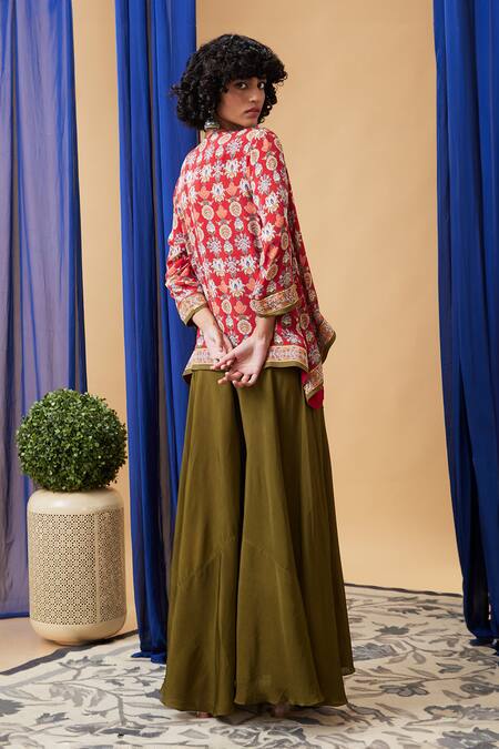 Shop_Soup By Sougat Paul_Red Crepe Embroidery V-, Open Tabriz Abstract Print Jacket Palazzo Set _Online_at_Aza_Fashions