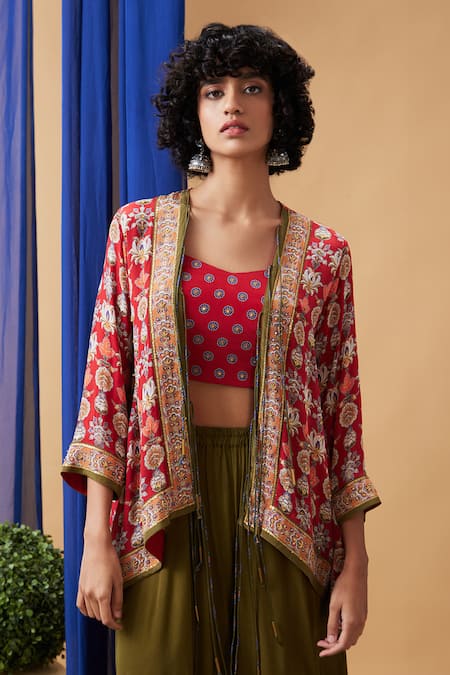Soup By Sougat Paul_Red Crepe Embroidery V-, Open Tabriz Abstract Print Jacket Palazzo Set _at_Aza_Fashions