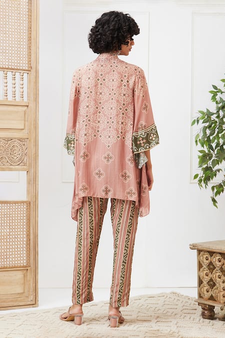 Shop Soup By Sougat Paul Beige Cotton, Silk Embroidery Mandarin Collar Bandhej Print Shirt And Pant Set at Aza Fashions Shop_Soup By Sougat Paul_Beige Cotton, Silk Embroidery Mandarin Collar Bandhej Print Shirt And Pant Set _at_Aza_Fashions