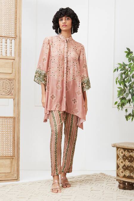 Soup By Sougat Paul Beige Cotton, Silk Embroidery Mandarin Collar Bandhej Print Shirt And Pant Set Online at Aza Fashions Soup By Sougat Paul_Beige Cotton, Silk Embroidery Mandarin Collar Bandhej Print Shirt And Pant Set _Online_at_Aza_Fashions