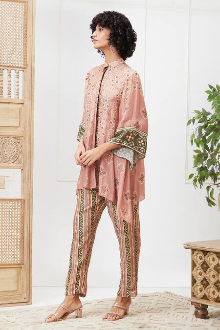 Buy Soup By Sougat Paul Beige Cotton, Silk Embroidery Mandarin Collar Bandhej Print Shirt And Pant Set Online at Aza Fashions Buy_Soup By Sougat Paul_Beige Cotton, Silk Embroidery Mandarin Collar Bandhej Print Shirt And Pant Set _Online_at_Aza_Fashions
