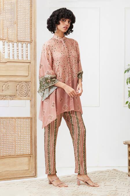 Shop Soup By Sougat Paul Beige Cotton, Silk Embroidery Mandarin Collar Bandhej Print Shirt And Pant Set Online at Aza Fashions Shop_Soup By Sougat Paul_Beige Cotton, Silk Embroidery Mandarin Collar Bandhej Print Shirt And Pant Set _Online_at_Aza_Fashions
