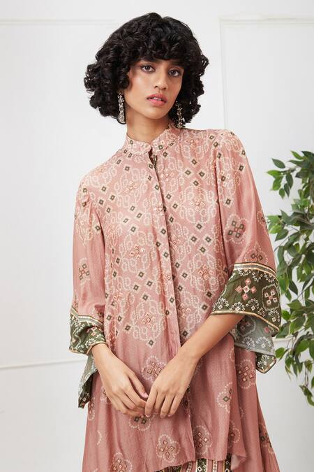Soup By Sougat Paul Beige Cotton, Silk Embroidery Mandarin Collar Bandhej Print Shirt And Pant Set at Aza Fashions Soup By Sougat Paul_Beige Cotton, Silk Embroidery Mandarin Collar Bandhej Print Shirt And Pant Set _at_Aza_Fashions