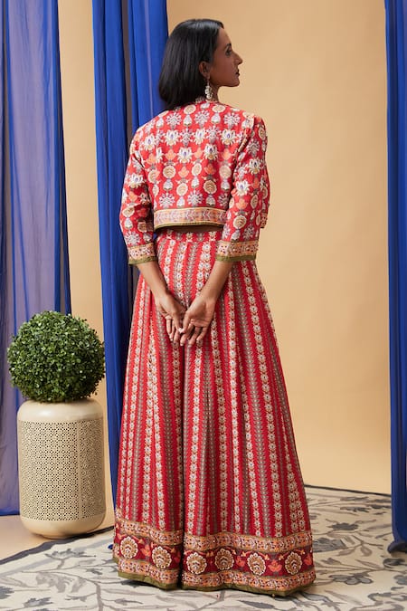 Shop Soup By Sougat Paul Red Silk Embroidery, Sequins V-neck, Floral Abstract Printed Jacket Palazzo Set at Aza Fashions Shop_Soup By Sougat Paul_Red Silk Embroidery, Sequins V-neck, Floral Abstract Printed Jacket Palazzo Set _at_Aza_Fashions