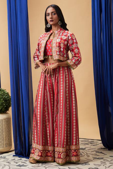 Buy Soup By Sougat Paul Red Silk Embroidery, Sequins V-neck, Floral Abstract Printed Jacket Palazzo Set Online at Aza Fashions Buy_Soup By Sougat Paul_Red Silk Embroidery, Sequins V-neck, Floral Abstract Printed Jacket Palazzo Set _Online_at_Aza_Fashions