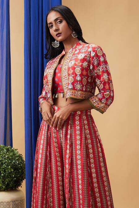 Shop Soup By Sougat Paul Red Silk Embroidery, Sequins V-neck, Floral Abstract Printed Jacket Palazzo Set Online at Aza Fashions Shop_Soup By Sougat Paul_Red Silk Embroidery, Sequins V-neck, Floral Abstract Printed Jacket Palazzo Set _Online_at_Aza_Fashions