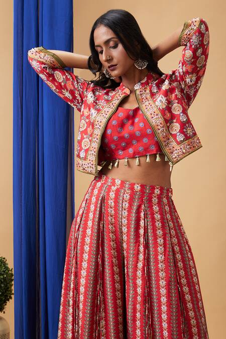 Soup By Sougat Paul Red Silk Embroidery, Sequins V-neck, Floral Abstract Printed Jacket Palazzo Set at Aza Fashions Soup By Sougat Paul_Red Silk Embroidery, Sequins V-neck, Floral Abstract Printed Jacket Palazzo Set _at_Aza_Fashions