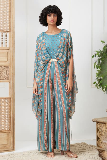 Soup by Sougat Paul Blue Crepe Printed Floral Round Tabriz Jumpsuit 