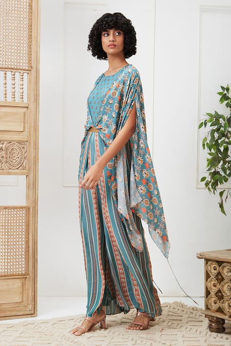 Soup By Sougat Paul_Blue Crepe Embroidery Round Neck Tabriz Printed Jumpsuit _Online_at_Aza_Fashions