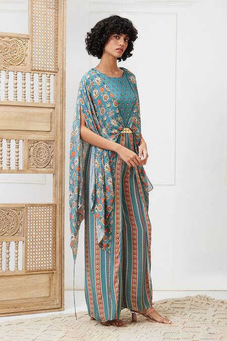 Buy_Soup By Sougat Paul_Blue Crepe Embroidery Round Neck Tabriz Printed Jumpsuit _Online_at_Aza_Fashions