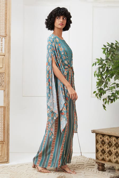 Shop_Soup By Sougat Paul_Blue Crepe Embroidery Round Neck Tabriz Printed Jumpsuit _Online_at_Aza_Fashions