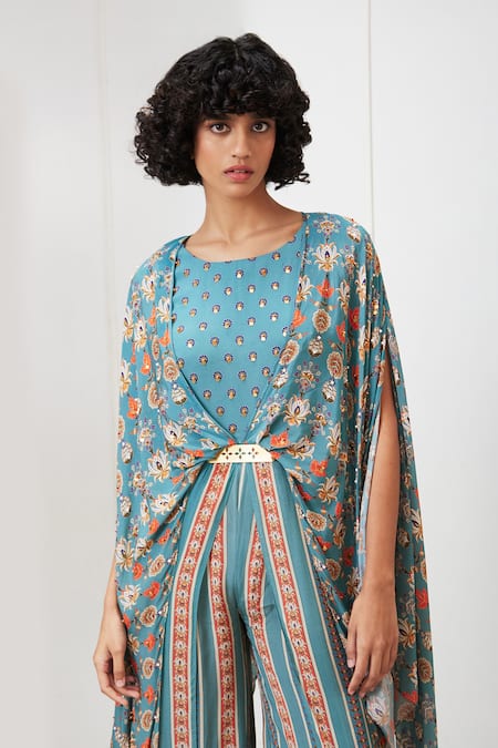 Soup By Sougat Paul_Blue Crepe Embroidery Round Neck Tabriz Printed Jumpsuit _at_Aza_Fashions