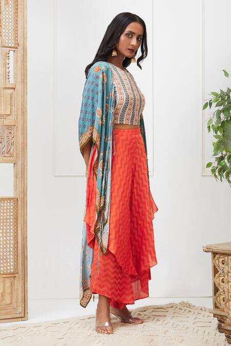 Soup By Sougat Paul_Blue Crepe, Silk Embroidery Round Neck Tabriz Floral Print Jacket Palazzo Set _Online_at_Aza_Fashions