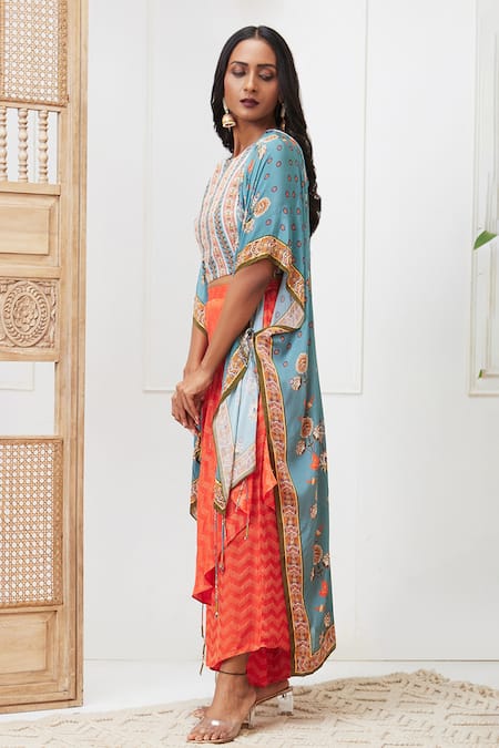 Buy_Soup By Sougat Paul_Blue Crepe, Silk Embroidery Round Neck Tabriz Floral Print Jacket Palazzo Set _Online_at_Aza_Fashions