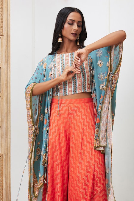 Shop_Soup By Sougat Paul_Blue Crepe, Silk Embroidery Round Neck Tabriz Floral Print Jacket Palazzo Set _Online_at_Aza_Fashions