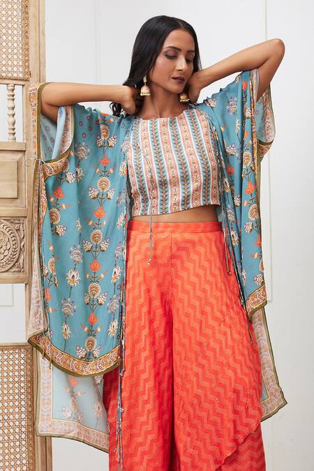 Soup By Sougat Paul_Blue Crepe, Silk Embroidery Round Neck Tabriz Floral Print Jacket Palazzo Set _at_Aza_Fashions