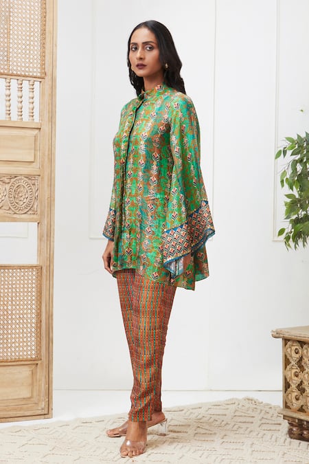 Soup By Sougat Paul_Green Silk Embroidery Mandarin Collar Adah Printed Shirt And Pant Set _Online_at_Aza_Fashions
