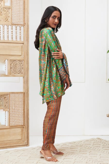 Buy_Soup By Sougat Paul_Green Silk Embroidery Mandarin Collar Adah Printed Shirt And Pant Set _Online_at_Aza_Fashions