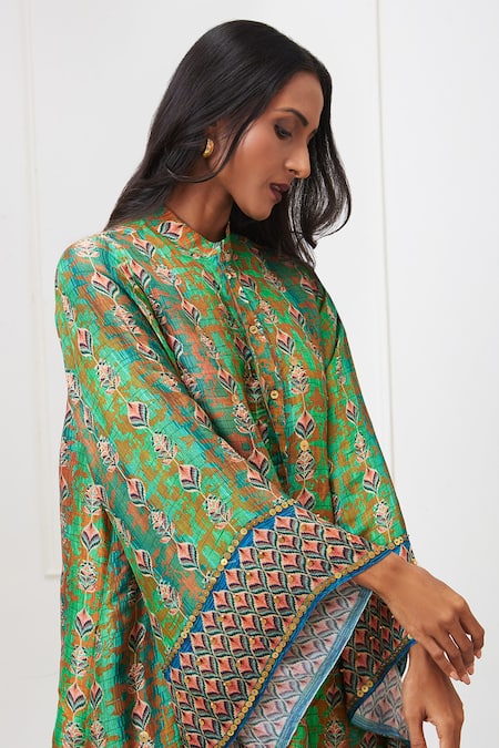 Shop_Soup By Sougat Paul_Green Silk Embroidery Mandarin Collar Adah Printed Shirt And Pant Set _Online_at_Aza_Fashions