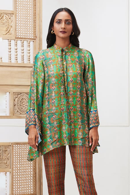 Soup By Sougat Paul_Green Silk Embroidery Mandarin Collar Adah Printed Shirt And Pant Set _at_Aza_Fashions
