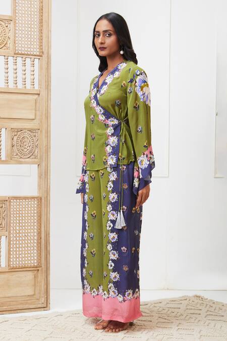Soup By Sougat Paul_Green Crepe V-neck Floral Printed Angrakha And Pant Set _Online_at_Aza_Fashions