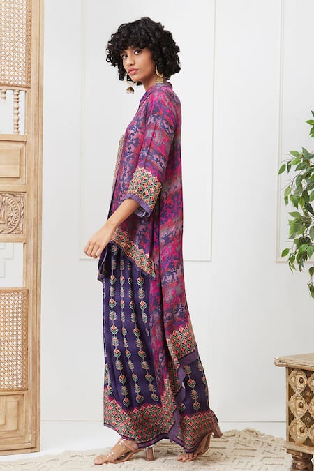 Soup By Sougat Paul_Purple Crepe Collared Adah Printed High-low Shirt And Pant Set _Online_at_Aza_Fashions