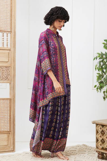 Buy_Soup By Sougat Paul_Purple Crepe Collared Adah Printed High-low Shirt And Pant Set _Online_at_Aza_Fashions