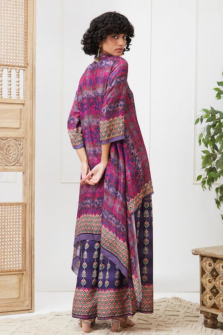 Shop_Soup By Sougat Paul_Purple Crepe Collared Adah Printed High-low Shirt And Pant Set _Online_at_Aza_Fashions