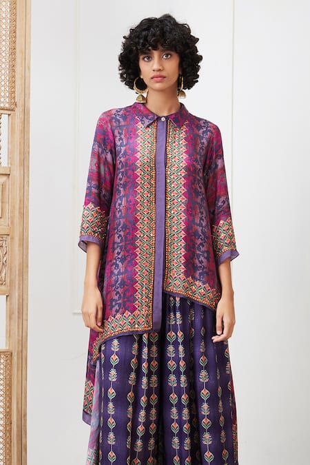 Soup By Sougat Paul_Purple Crepe Collared Adah Printed High-low Shirt And Pant Set _at_Aza_Fashions