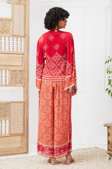 Shop_Soup By Sougat Paul_Red Crepe Embroidery V-neck Bandhej Print Angrakha And Pant Set _at_Aza_Fashions