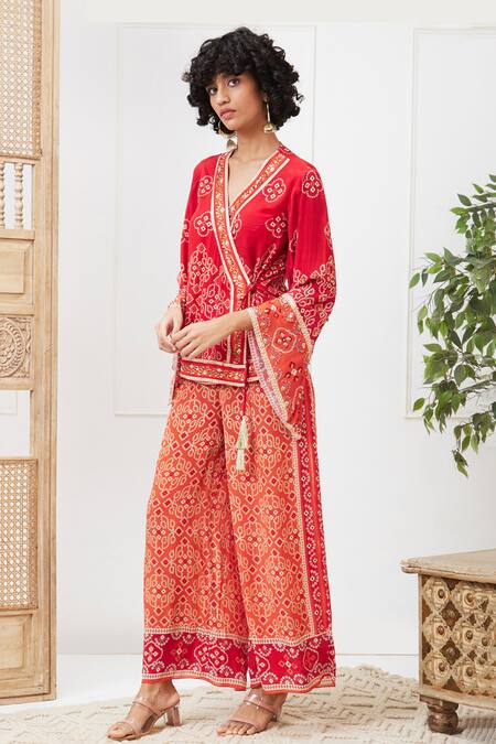 Buy_Soup By Sougat Paul_Red Crepe Embroidery V-neck Bandhej Print Angrakha And Pant Set _Online_at_Aza_Fashions