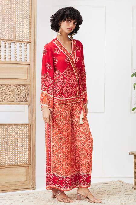 Shop_Soup By Sougat Paul_Red Crepe Embroidery V-neck Bandhej Print Angrakha And Pant Set _Online_at_Aza_Fashions