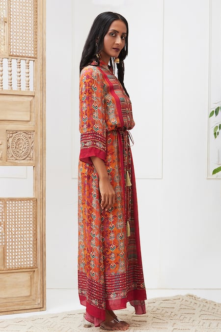 Buy_Soup By Sougat Paul_Maroon Crepe Collared Adah Abstract Print Dress _Online_at_Aza_Fashions