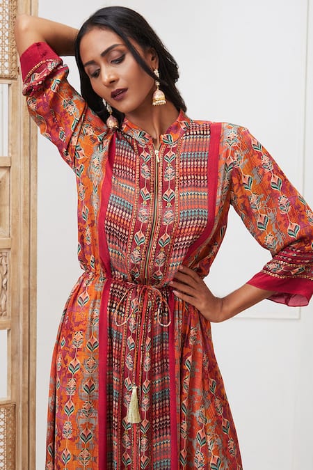 Shop_Soup By Sougat Paul_Maroon Crepe Collared Adah Abstract Print Dress _Online_at_Aza_Fashions