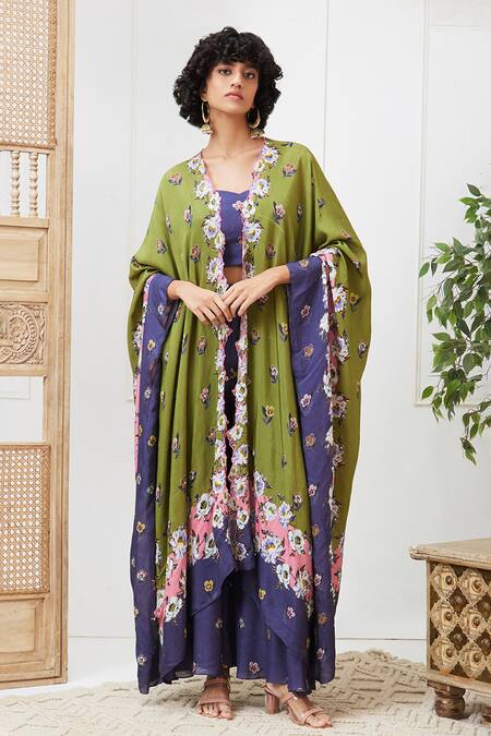 Soup By Sougat Paul Green Muslin Embroidery Sweetheart Neck, Tasnim Floral Print Jacket Pant Set Online at Aza Fashions Soup By Sougat Paul_Green Muslin Embroidery Sweetheart Neck, Tasnim Floral Print Jacket Pant Set _Online_at_Aza_Fashions