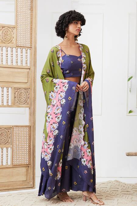 Shop Soup By Sougat Paul Green Muslin Embroidery Sweetheart Neck, Tasnim Floral Print Jacket Pant Set Online at Aza Fashions Shop_Soup By Sougat Paul_Green Muslin Embroidery Sweetheart Neck, Tasnim Floral Print Jacket Pant Set _Online_at_Aza_Fashions
