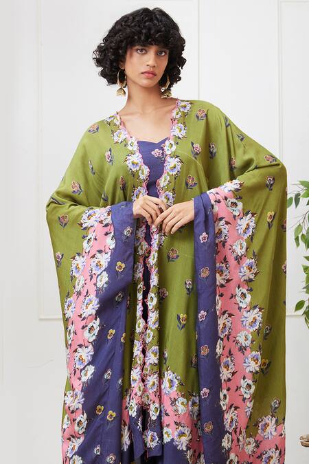 Soup By Sougat Paul Green Muslin Embroidery Sweetheart Neck, Tasnim Floral Print Jacket Pant Set at Aza Fashions Soup By Sougat Paul_Green Muslin Embroidery Sweetheart Neck, Tasnim Floral Print Jacket Pant Set _at_Aza_Fashions
