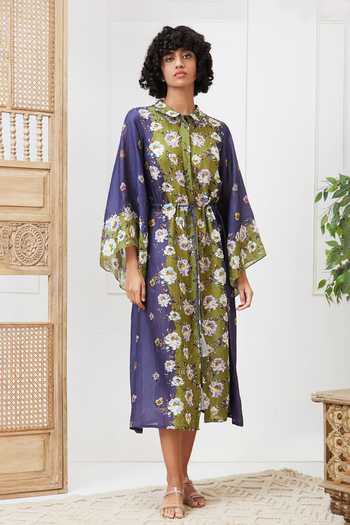 Soup By Sougat Paul_Blue Georgette Embroidery Collared Floral Print Midi Dress With Waist Tie _Online_at_Aza_Fashions