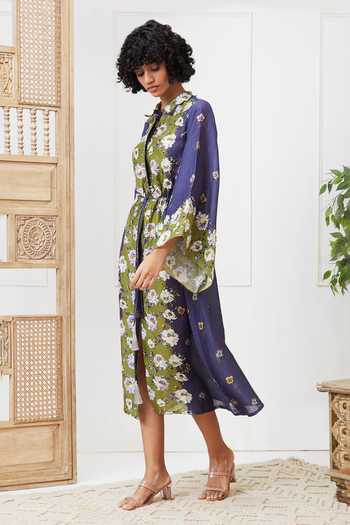 Buy_Soup By Sougat Paul_Blue Georgette Embroidery Collared Floral Print Midi Dress With Waist Tie _Online_at_Aza_Fashions