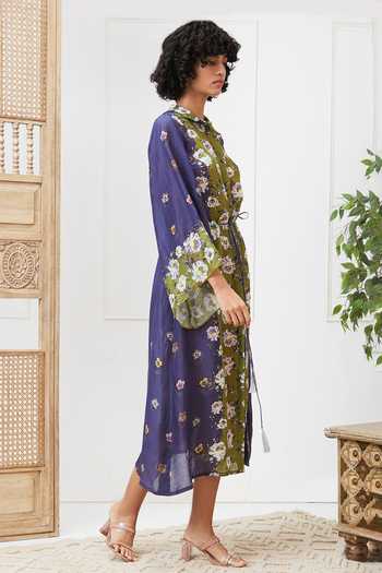 Shop_Soup By Sougat Paul_Blue Georgette Embroidery Collared Floral Print Midi Dress With Waist Tie _Online_at_Aza_Fashions