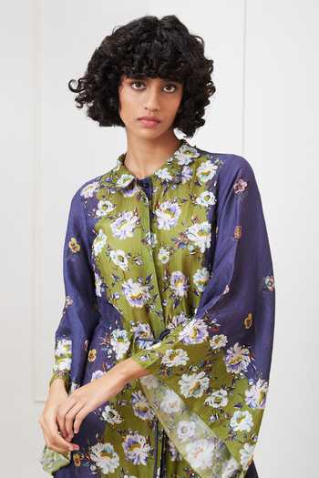 Soup By Sougat Paul_Blue Georgette Embroidery Collared Floral Print Midi Dress With Waist Tie _at_Aza_Fashions