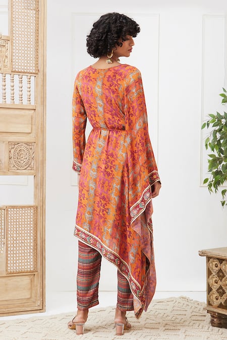 Shop Soup By Sougat Paul Orange Cotton, Silk Round Neck Adah Printed Kurta And Pant Set at Aza Fashions Shop_Soup By Sougat Paul_Orange Cotton, Silk Round Neck Adah Printed Kurta And Pant Set _at_Aza_Fashions