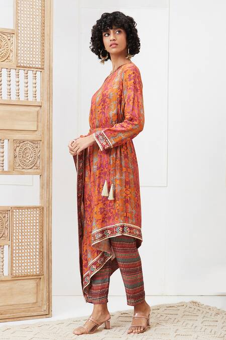 Soup By Sougat Paul Orange Cotton, Silk Round Neck Adah Printed Kurta And Pant Set Online at Aza Fashions Soup By Sougat Paul_Orange Cotton, Silk Round Neck Adah Printed Kurta And Pant Set _Online_at_Aza_Fashions