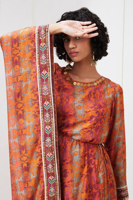 Soup By Sougat Paul Orange Cotton, Silk Round Neck Adah Printed Kurta And Pant Set at Aza Fashions Soup By Sougat Paul_Orange Cotton, Silk Round Neck Adah Printed Kurta And Pant Set _at_Aza_Fashions