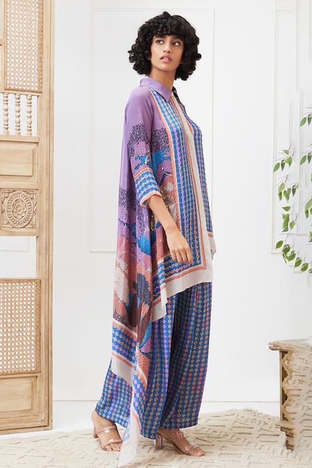Buy_Soup By Sougat Paul_Multi Color Crepe Collared Benazir Printed High-low Shirt And Pant Set _Online_at_Aza_Fashions